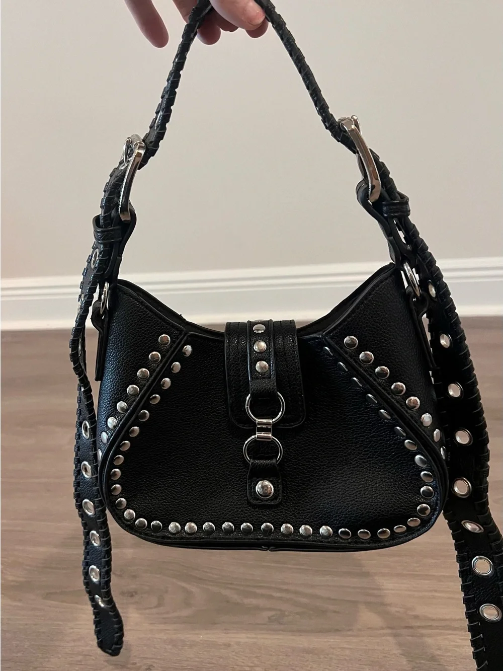 Urban Outfitters Black Studded Leather Shoulder Bag with Grommet Strap